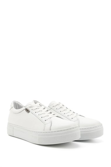 Kadın Beyaz Bağcıklı Dolgu Taban Hakiki Deri Sneaker