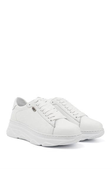 Women White Laced Wedge Genuine Leather Sneaker
