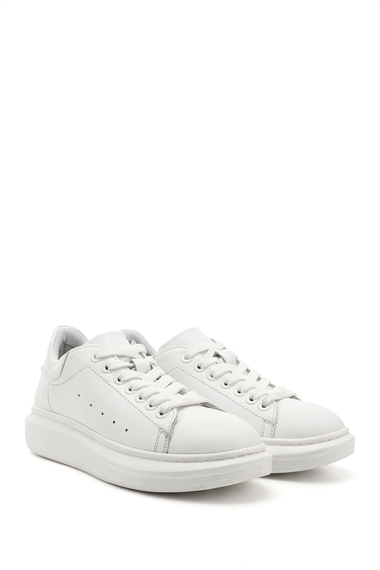 Kadın Beyaz Bağcıklı Dolgu Taban Hakiki Deri Sneaker