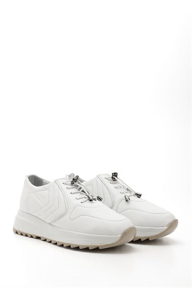 Kadın Beyaz Bağcıklı Dolgu Taban Hakiki Deri Sneaker