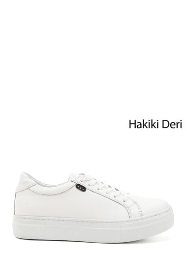 Kadın Beyaz Bağcıklı Dolgu Taban Hakiki Deri Sneaker