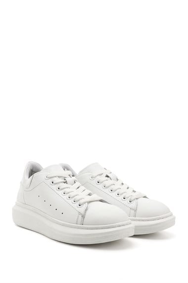Kadın Beyaz Bağcıklı Dolgu Taban Hakiki Deri Sneaker