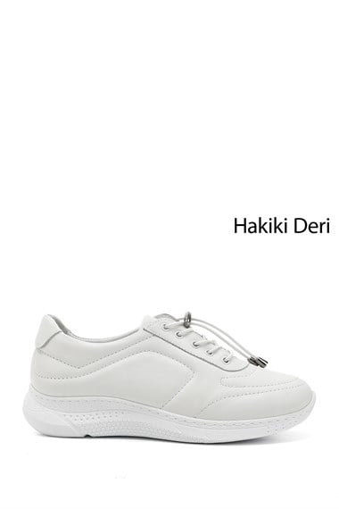 Kadın Beyaz Bağcıklı Dolgu Taban Hakiki Deri Sneaker