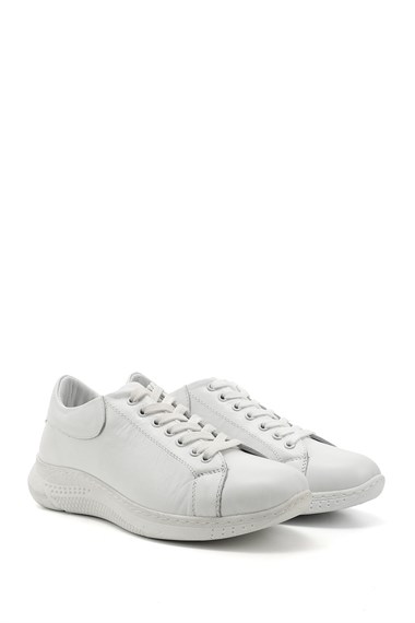 Kadın Beyaz Bağcıklı Dolgu Taban Hakiki Deri  Sneaker