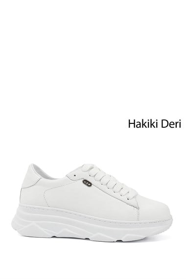 Kadın Beyaz Bağcıklı Dolgu Taban Hakiki Deri Sneaker