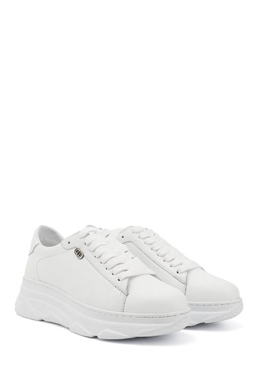 Kadın Beyaz Bağcıklı Dolgu Taban Hakiki Deri Sneaker