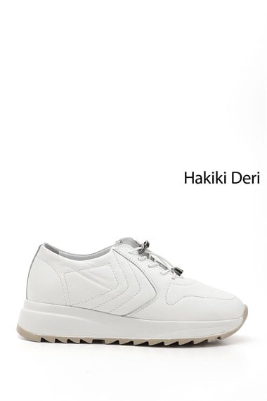 Kadın Beyaz Bağcıklı Dolgu Taban Hakiki Deri Sneaker