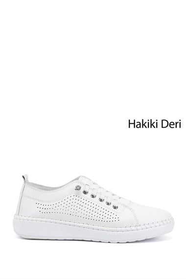 Kadın Beyaz Bağcıklı Hakiki Deri Comfort Ayakkabı