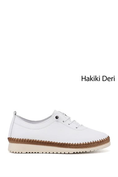 Kadın Beyaz Bağcıklı Hakiki Deri Comfort Ayakkabı