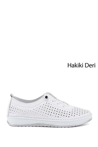 Kadın Beyaz Bağcıklı Hakiki Deri Comfort Ayakkabı