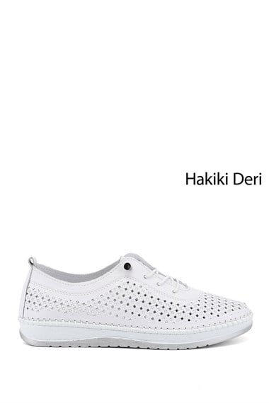 Kadın Beyaz Bağcıklı Hakiki Deri Comfort Ayakkabı