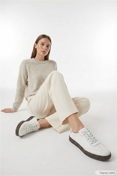 Womens White Laced Genuine Leather Sneaker