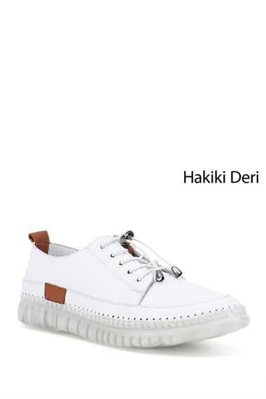 Kadın Beyaz Bağcıklı Hakiki Deri Sneaker