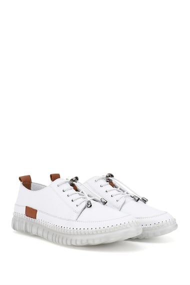 Kadın Beyaz Bağcıklı Hakiki Deri Sneaker