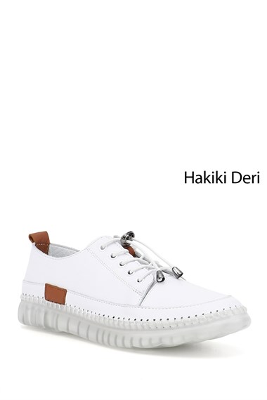 Kadın Beyaz Bağcıklı Hakiki Deri Sneaker