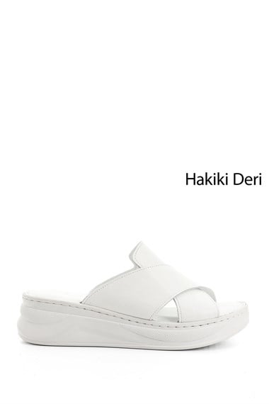Kadın Beyaz Çapraz Bantlı Dolgu Topuk Hakiki Deri Comfort Terlik