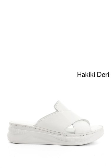 Kadın Beyaz Çapraz Bantlı Dolgu Topuk Hakiki Deri Comfort Terlik