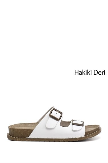 Kadın Beyaz Çift Tokalı Hakiki Deri Terlik