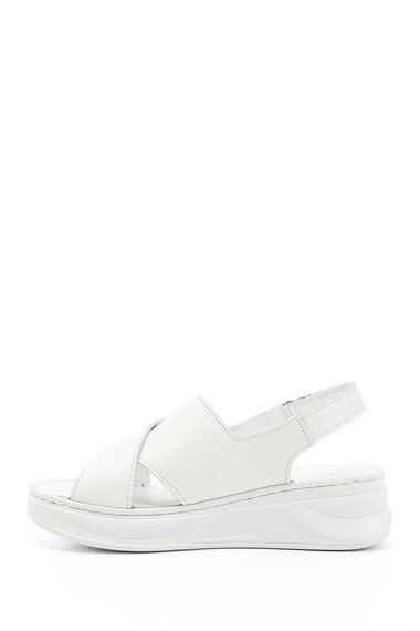 Kadın Beyaz Cırt Bantlı Dolgu Topuk Hakiki Deri Comfort Sandalet