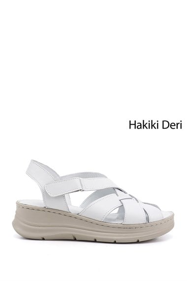 Kadın Beyaz Cırt Bantlı Dolgu Topuk Hakiki Deri Sandalet