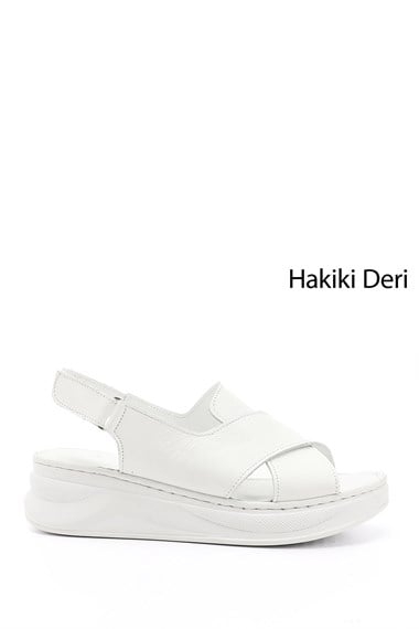 Kadın Beyaz Cırt Bantlı Dolgu Topuk Hakiki Deri Comfort Sandalet
