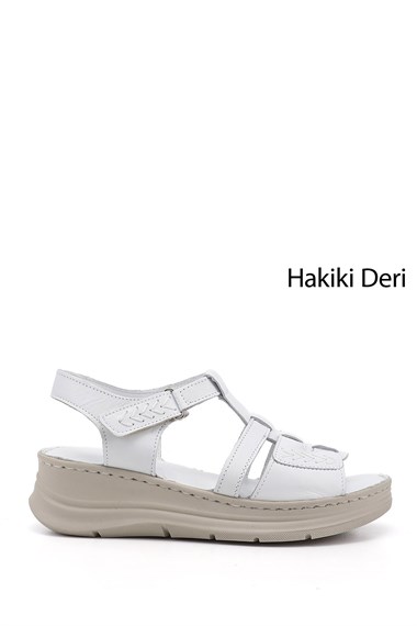 Kadın Beyaz Cırt Bantlı Dolgu Topuk Hakiki Deri Sandalet
