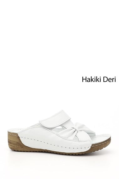 Kadın Beyaz Cırtlı Dolgu Taban Hakiki Deri Terlik