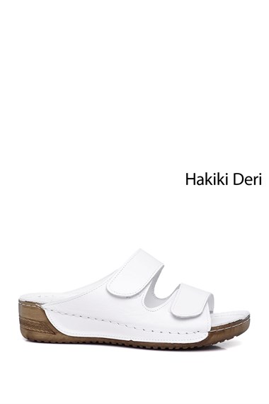 Kadın Beyaz Cırtlı Dolgu Taban Hakiki Deri Terlik