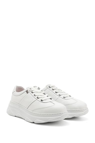 Kadın Beyaz Dolgu Taban Bağcıklı Hakiki Deri Sneaker