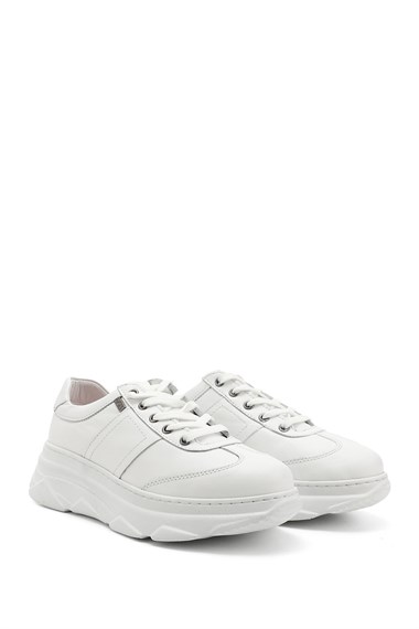 Kadın Beyaz Dolgu Taban Bağcıklı Hakiki Deri Sneaker