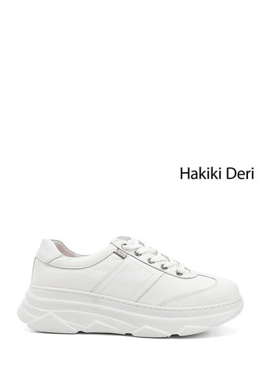 Kadın Beyaz Dolgu Taban Bağcıklı Hakiki Deri Sneaker