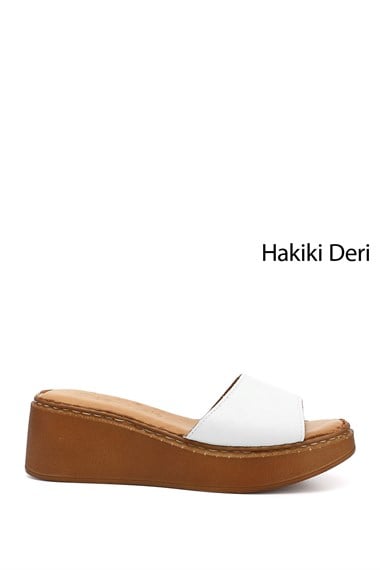 Kadın Beyaz Dolgu Taban Hakiki Deri Terlik