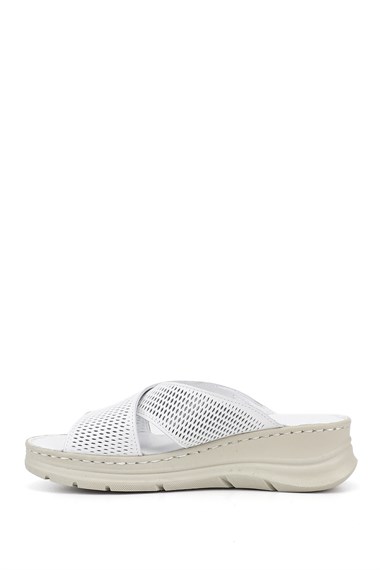 Kadın Beyaz Dolgu Taban Hakiki Deri Terlik