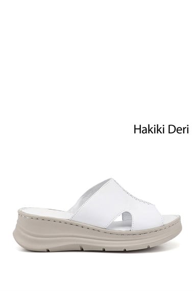 Kadın Beyaz Dolgu Taban Hakiki Deri Terlik
