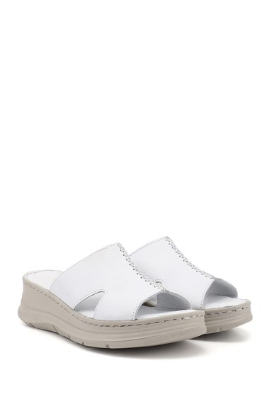 Kadın Beyaz Dolgu Taban Hakiki Deri Terlik