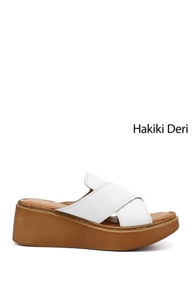 Kadın Beyaz Dolgu Taban Hakiki Deri Terlik