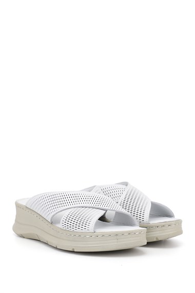 Kadın Beyaz Dolgu Taban Hakiki Deri Terlik