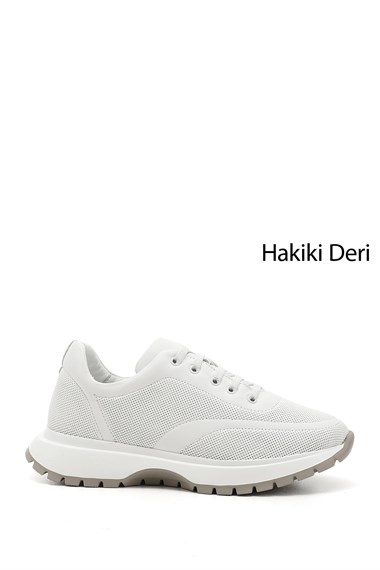 Kadın Beyaz Dolgu Taban Lastik Bağcıklı Hakiki Deri Sneaker