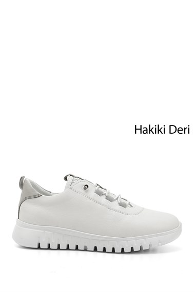 Kadın Beyaz Dolgu Taban Lastik Bağcıklı Hakiki Deri Sneaker