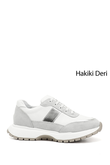 Kadın Beyaz Dolgu Taban Lastik Bağcıklı Hakiki Deri Sneaker