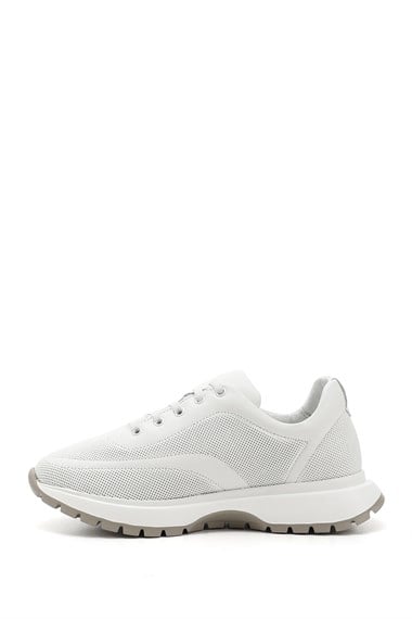 Kadın Beyaz Dolgu Taban Lastik Bağcıklı Hakiki Deri Sneaker