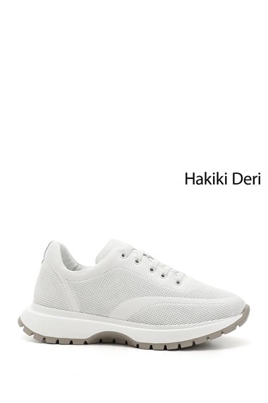 Kadın Beyaz Dolgu Taban Lastik Bağcıklı Hakiki Deri Sneaker