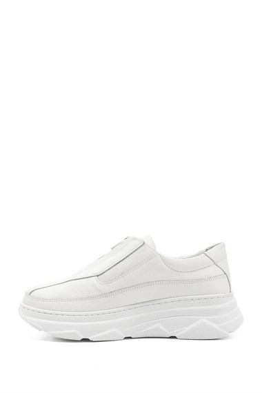 Kadın Beyaz Fermuarlı Dolgu Taban Hakiki Deri Sneaker