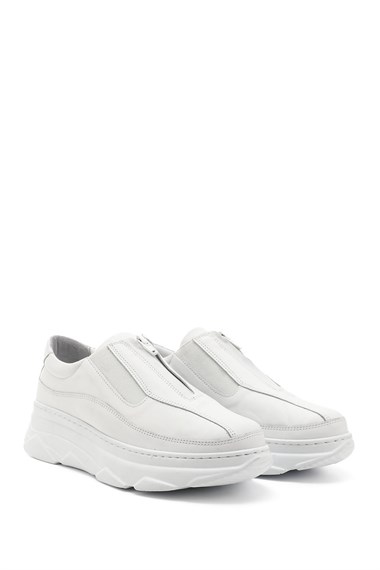 Kadın Beyaz Fermuarlı Dolgu Taban Hakiki Deri Sneaker