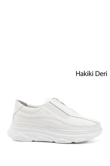 Kadın Beyaz Fermuarlı Dolgu Taban Hakiki Deri Sneaker