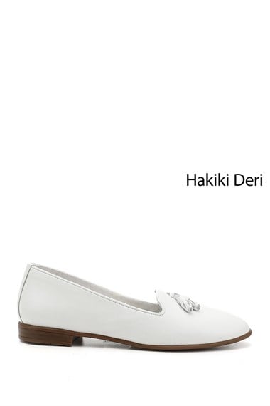 Kadın Beyaz Hakiki Deri Püsküllü Babet