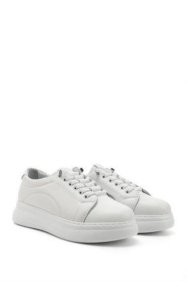 Kadın Beyaz Lastik Bağcıklı Comfort Dolgu Taban Hakiki Deri Sneaker