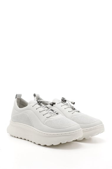 Kadın Beyaz Lastik Bağcıklı Comfort Dolgu Taban Hakiki Deri Sneaker