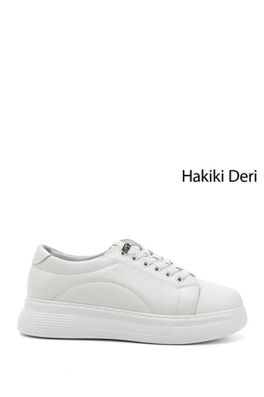 Kadın Beyaz Lastik Bağcıklı Comfort Dolgu Taban Hakiki Deri Sneaker