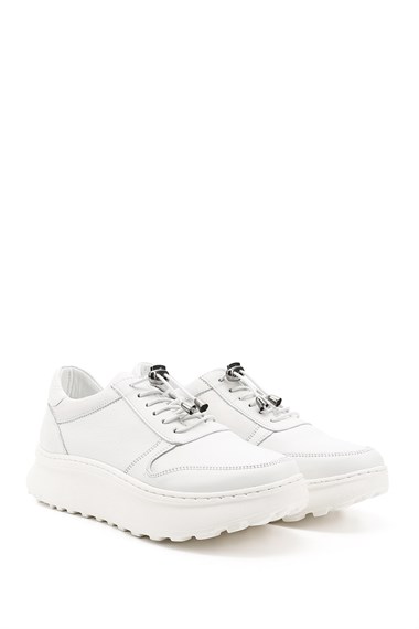 Kadın Beyaz Lastik Bağcıklı Comfort Dolgu Taban Hakiki Deri Sneaker